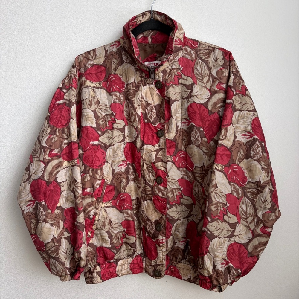 Vintage Stunt Sports 100% Silk Leaf Print Bomber Jacket Red Brown Small 90s